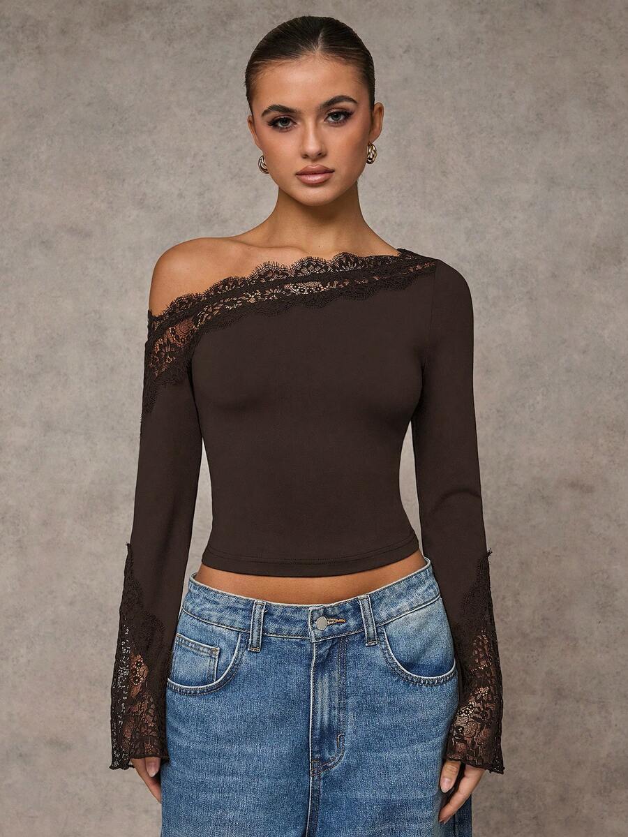 SHEIN BAE Áo thun nữ cổ bẻ tay loe màu đen trơn phối ren vá họa tiết bất đối xứng, dáng ôm vừa vặn, thanh lịch, thích hợp cho các buổi hẹn hò, tiệc tùng ngày lễ, đi chơi thời trang, hoạt động buổi tối, trang phục đi hộp đêm - Cà phê nâu - Xem 1