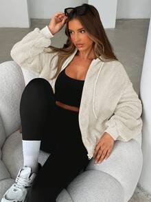 Siren Gaze 1pc Women's Solid Color Fluffy Hooded Sweatshirt, Thick Warm Fleece Sweatshirt, Autumn/Winter,Long Sleeve Tops Graduation,Back To School Outfits,Graduation,Teacher Outfits For Women,Back To School Casual - Apricot - View 3