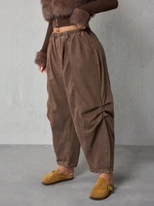 EMERY ROSE Plus Size Women's Elastic Waist Green Full Cotton Denim Harem Cropped Pants - Coffee Brown - View 5