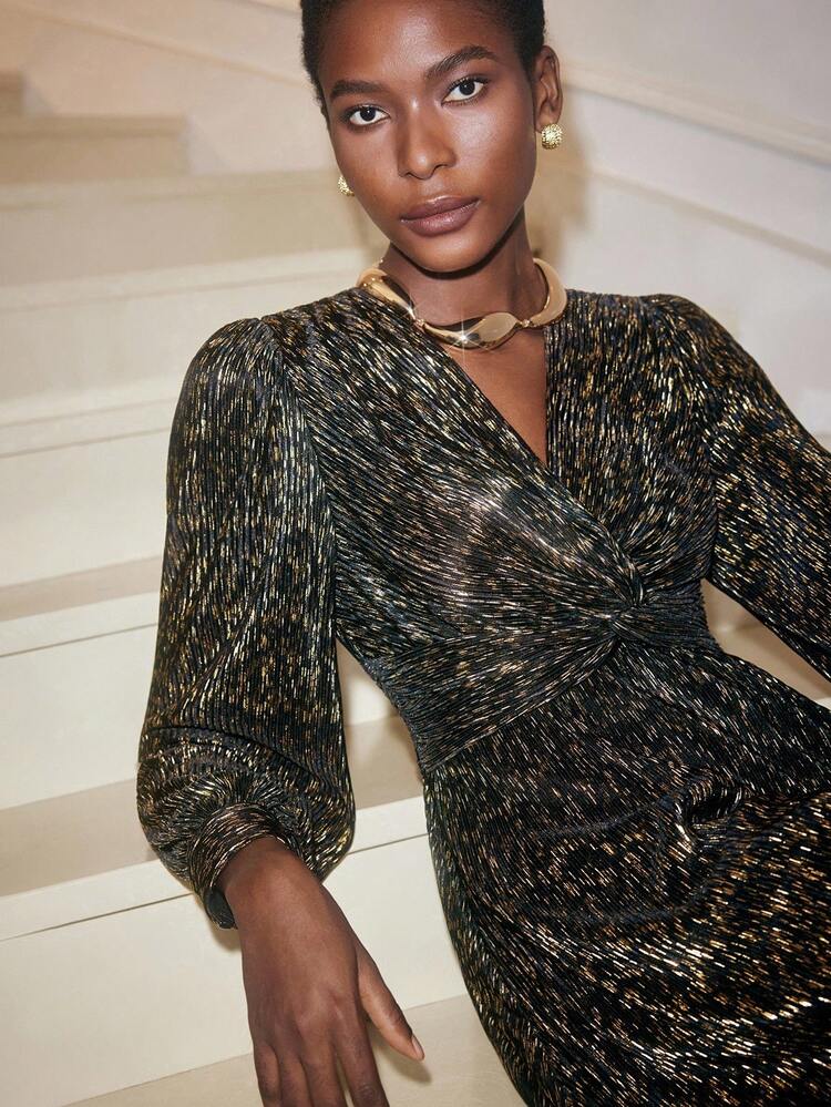 SHEIN Maija Black Gold Elegant Foil Pleated V-Neck Women's Twist Front Long Sleeve Dress, Suitable For Christmas, Party, Gathering Party Dress Elegant Dresses For Women Sequin Skirt Autumn Dress Halloween Costumes Christmas Outfit For Women New Year Women Summer Dresses For Women New Year Women Wedding Guest Dress Shiny Dress  Women Dresses Autumn Winter Sequin Dress Winter Dresses For Women V-Neck Dress High Neck Halter Top Harlem Nights Top Stylish Clothing Collection