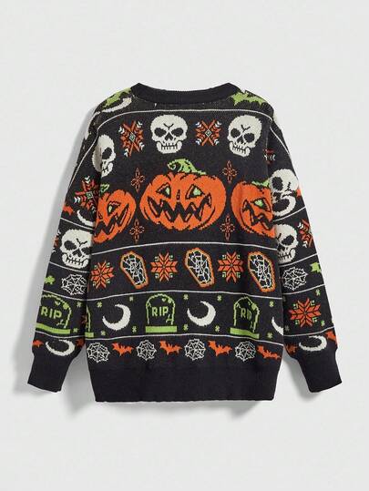 Goth Pull-shirt blocs de couleurs gothique d'Halloween effrayant avec crâne et citrouille