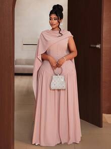 Maweii Plus Size Women Solid Color Pleated Button Design Elegant Dress - Khaki - View 3