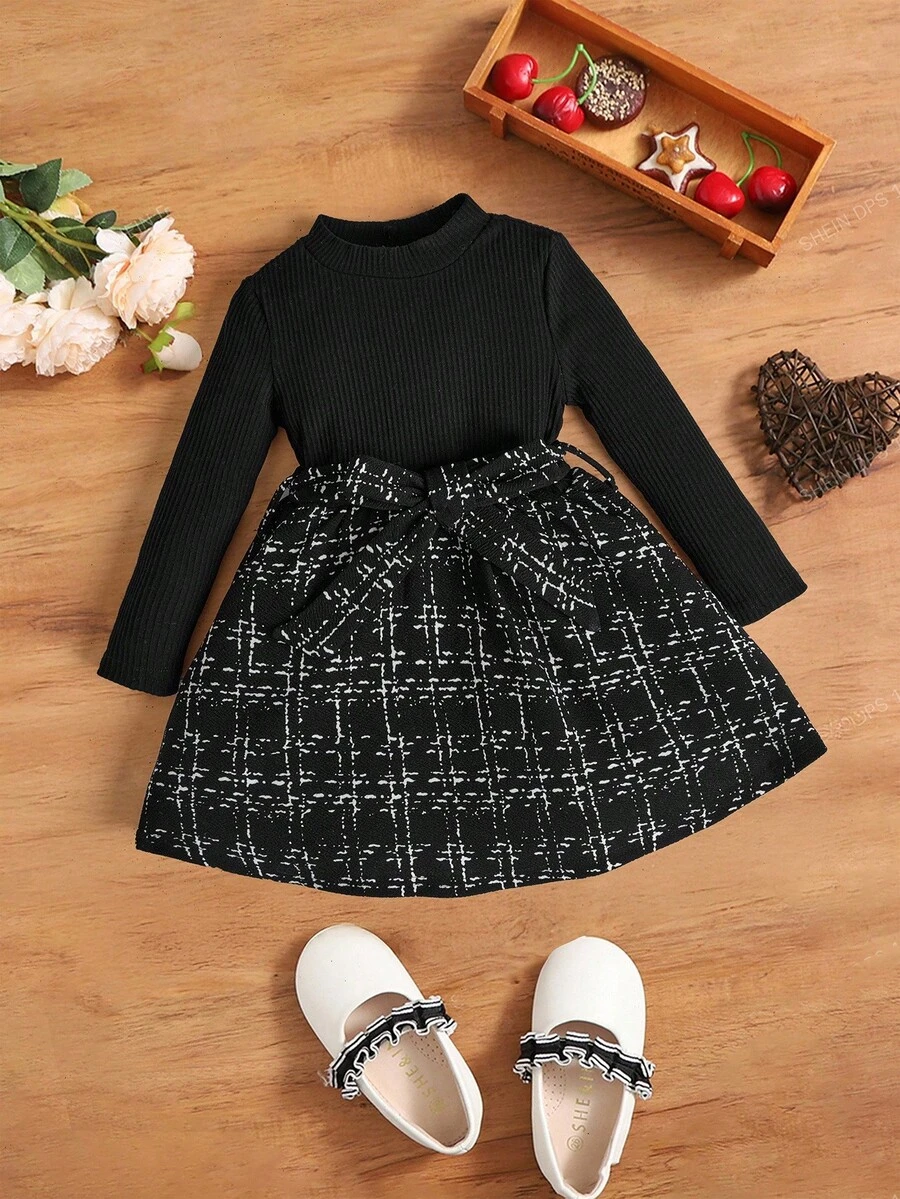 SHEIN 女婴休闲长袖系腰连衣裙 - 彩色 - 查看 1