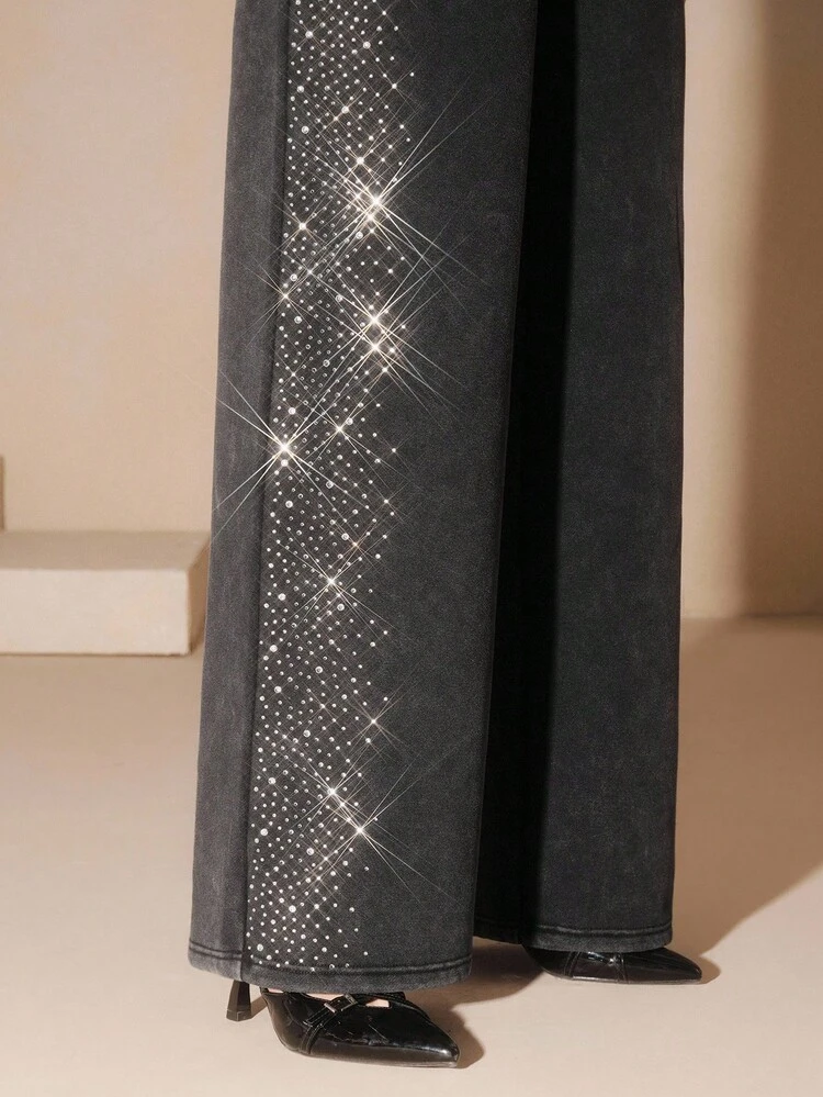 Calça de Moletom Feminina com Decoração de Strass, Cintura Elástica, Estilo Casual Urbano, Adequada para Outono, Inverno, Ano Novo, Elegante, Chique, Estilosa, Natal, Sair