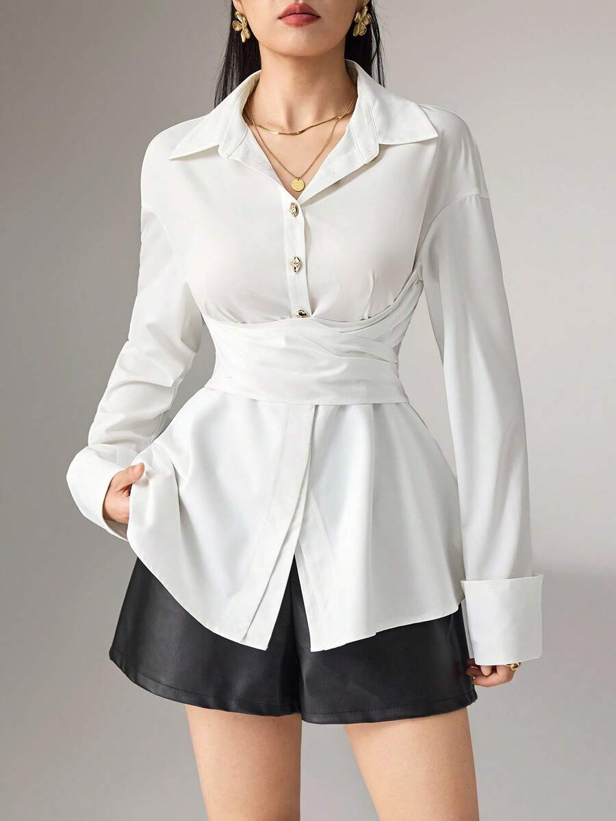Heiryn Women's Elegant Commuter Solid Color Tie Waist Shirt - White - View 1
