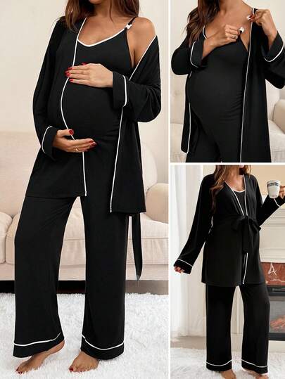 SHEIN 2pcs/Set Casual Contrast Trim Nursing Jumpsuit & Jacket Pregnant Outfits Postpartum Clothes Maternity Two Piece Suits Pregnancy Clothes Maternity Clothes