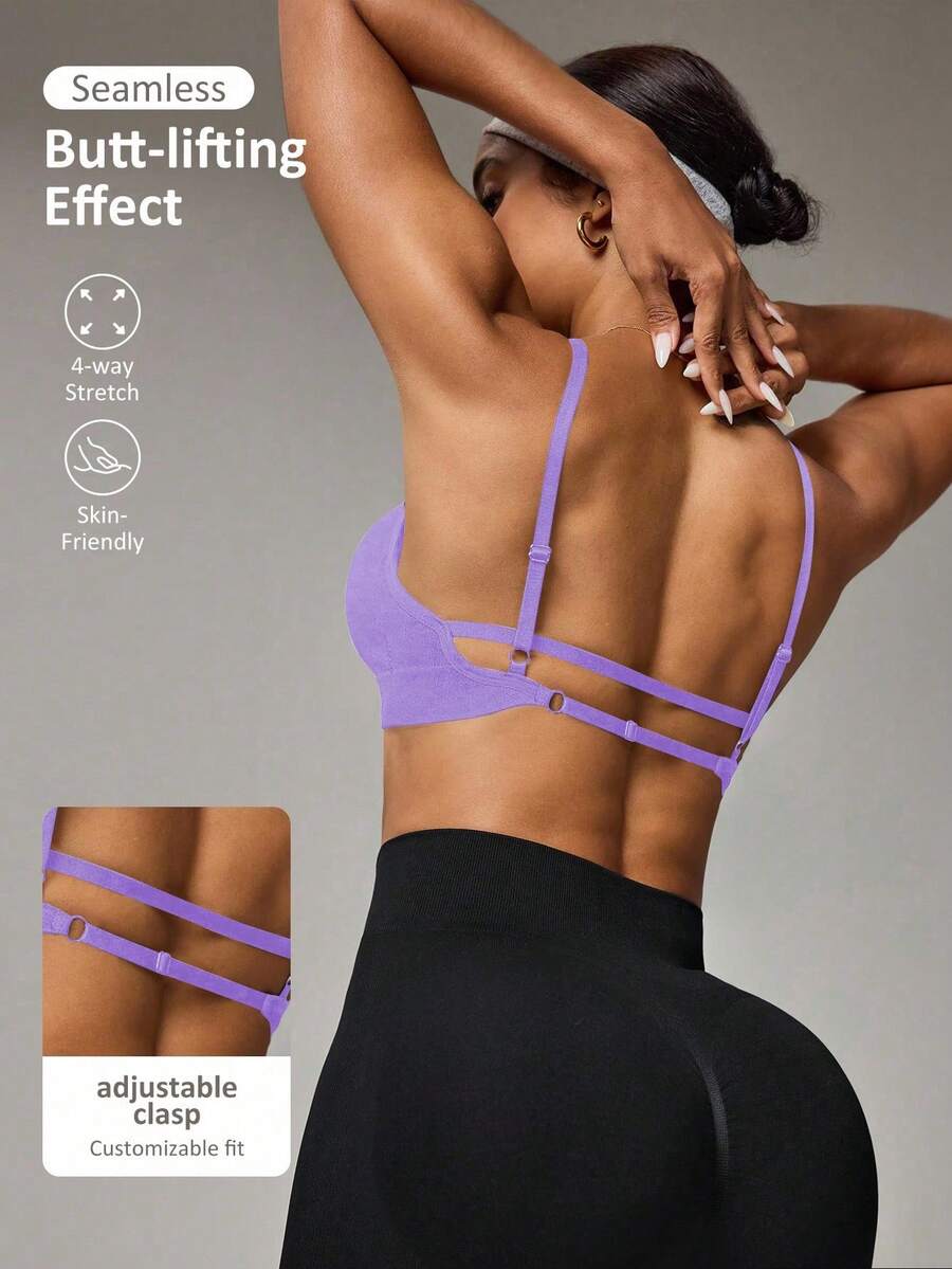 SHEIN Sports 女士无缝黑色运动文胸 - 紫色 - 查看 1