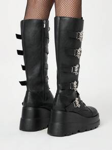 ROMWE Grunge Punk Bốt cao đến đầu gối bằng da PU tối màu thời trang mới 2025 dành cho nữ, mùa thu/đông, bốt cưỡi ngựa đế dày phong cách Punk có thắt lưng và khóa dơi - màu đen - Xem 5