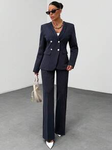 EURMUSE Striped Suit Set, Gold Details Blazer & Flared Fit Pants - Navy Blue - View 5