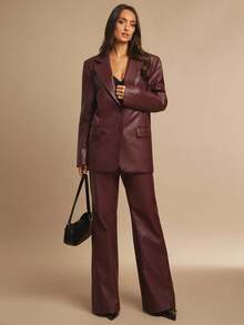 Silquee Autumn And Winter Women's Wine Red Elegant And Fashionable Commuting Simple PU Leather High Waist Flared Pants Suitable For Dating, Parties, Daily Outings,Cozy Fall And Winter Clothes For Women - Red - View 8