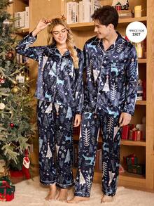 Manfinity CoupledUp Valentinstag Paar Passende Lustige Weihnachten Faux Seide Pyjama Hemd & Hose Set für Herren, Herbst Winter Kleidung Passende Paar Pyjama Set