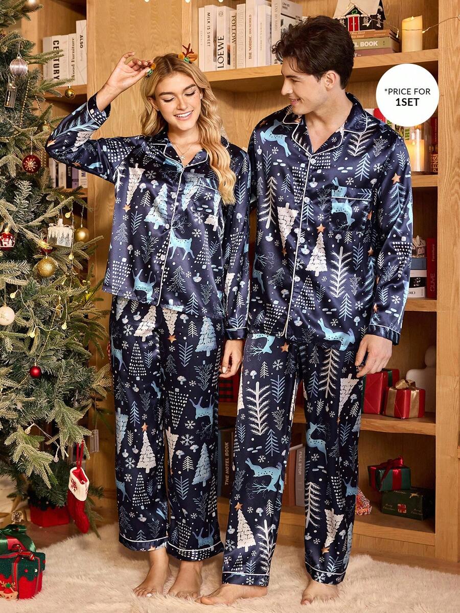 Manfinity CoupledUp Valentinstag Paar Passende Lustige Weihnachten Faux Seide Pyjama Hemd & Hose Set für Herren, Herbst Winter Kleidung Passende Paar Pyjama Set