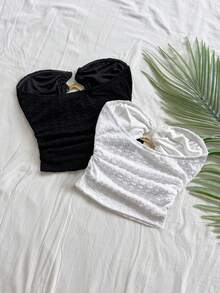 Soleia 2 件女式夏季性感度假风格纯色纹理面料金属装饰褶饰修身抹胸 - 黑與白 - 查看 2