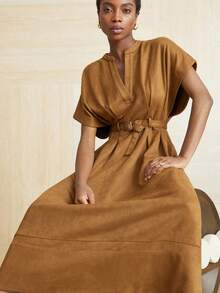 Aveloria Modichic Faux Suede Fabric, Commuter Design, Waist Belt Decor, Fashionable V-Neck Pleated Batwing Sleeve Dress