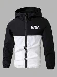 1pc Boys' Patchwork Hoodie Jacket, Black & Grey Combo, Minimalist Yet Sophisticated Design, Versatile For School, Outdoor, Casual Wear, Fashionable And Comfortable Fall Winter - Black and White - View 1