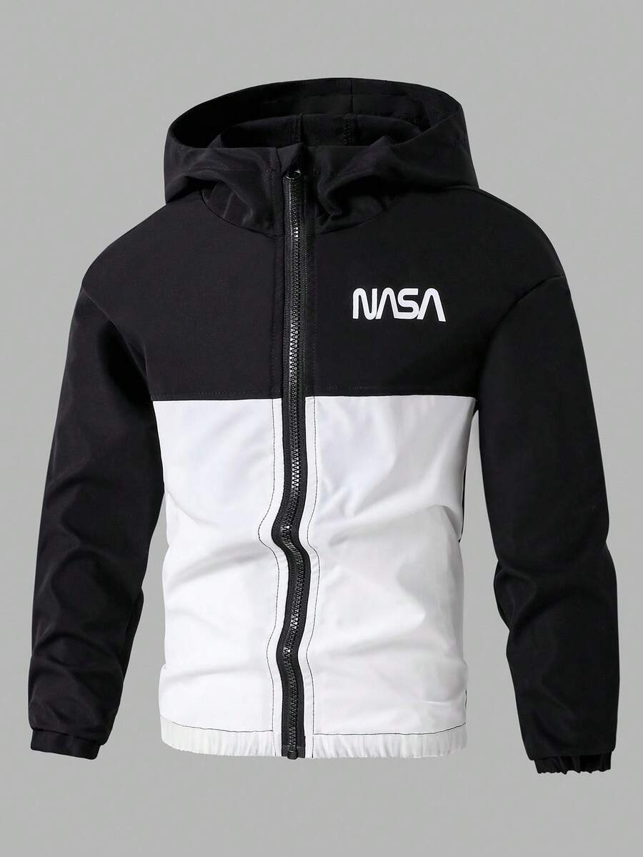 1pc Boys' Patchwork Hoodie Jacket, Black & Grey Combo, Minimalist Yet Sophisticated Design, Versatile For School, Outdoor, Casual Wear, Fashionable And Comfortable Fall Winter - Black and White - View 1