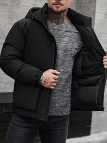 Manfinity CasualCool Men's Padded Coat With Detachable Hood, Lined With Padding, Fall/Winter - Black - View 7