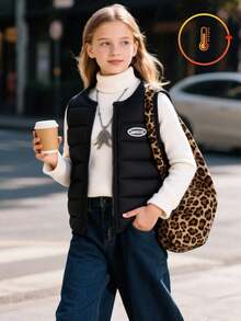 少女字母印花拉链领冬季背心 - 黑色 - 查看 1