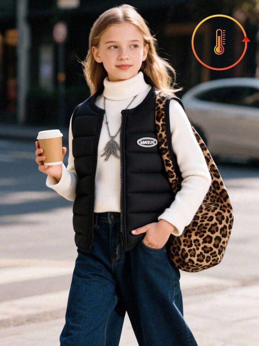 少女字母印花拉链领冬季背心 - 黑色 - 查看 1