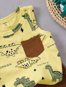 SHEIN Bộ áo không tay và quần short màu xanh lá cây trơn in hình khủng long hoạt hình cho bé trai, kiểu dáng năng động và dễ thương, phù hợp cho các hoạt động ngoài trời, mặc nhà thoải mái và những buổi tiệc vui vẻ. - Nhiều màu - Xem 5