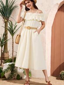 優雅露肩荷葉邊短袖 A 下擺洋裝適合少女