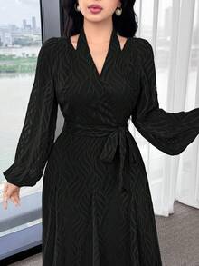 Feyla Women's Blue Chiffon Cutout Jacquard Elegant Flared Dress