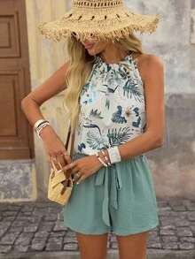 Brillora Summer Beach Tropical Floral Print Halter Top & Belted Shorts Two Pieces Set