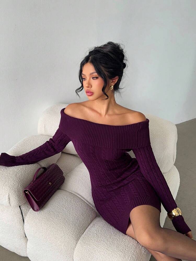 plum winter dress Aloruh Women's Autumn Elegant Purple Off Shoulder Cable Knit Fitted Sweater Dress,Date Night Festive Christmas Daily Commute Dress,Wine Red Hang Or Line Dry Women suit Annie Blue Strapless Mini Color:RubberPink