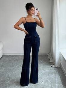 Siren Gaze 女式休闲时尚翻盖口袋高弹力喇叭腿牛仔连体裤，夏季 - 中等水洗藍 - 查看 7