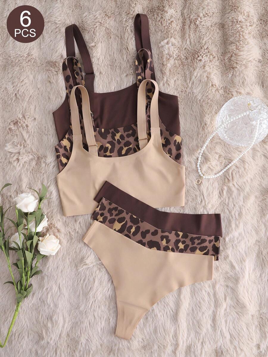 6pcs Women Casual Leopard Print Comfortable Minimalist Wireless Bra And Low-Rise Thong Panty Set