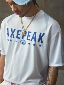 AXEPEAK Men's Contrast Color Patchwork Letter Print T-Shirt And Pants Set - Grey - View 4