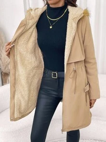 SHEIN Clasi 女款優雅收腰人造毛領連帽加厚棉襖外套，修身顯瘦，適合日常穿著，秋冬款 - 卡其色 - 查看 16