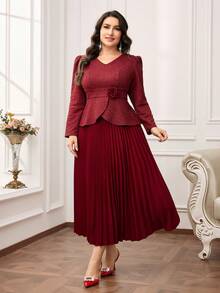 Modelyn Plus Size Women 3D Floral Decor V-Neck Puff Sleeve Top And Pleated Midi Skirt Elegant 2 Pieces Set