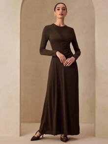 Graceveil Women's Round Neck Long Sleeve Cinched Waist Pleated High-End Design Fitted Knit Dress