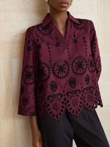 Aveloria Modichic French Elegant Elaborately Embroidery V-Neck Asymmetric Hem Long Sleeve Blouse For Women  - Red - View 3