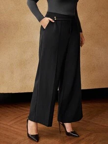 MOTF PREMIUM PLUS SIZE WOMEN'S SOLID MINIMALIST STRUCTURED DESIGN SEAM FRONT WIDE LEG PANTS - Black - View 5