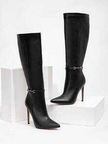 CUCCOO SZL 性感时尚金属扣装饰尖头12厘米细高跟休闲百搭侧拉链过膝长靴，适合春季、春假、复活节和圣诞节穿着。 - 黑色 - 查看 5