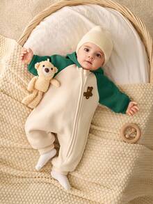 SHEIN Newborn Baby Unisex Cute Patchwork Knitted Bear Pattern Thickened Hooded Jumpsuit, Autumn/Winter Fall - Dark Green - View 7