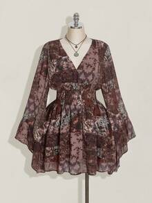 SHEIN ICON 加大码 V 领佩斯利印花褶饰 A 字形连衣裙，波西米亚风、嬉皮风、Y2K 风格，适合秋季、波西米亚风、暑假、音乐节、返校服装、夏装 - 彩色 - 查看 3