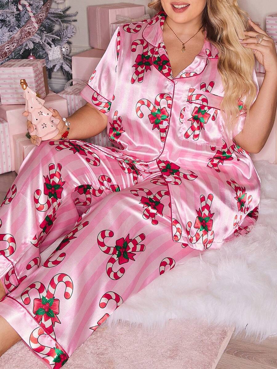 Plus Size Striped Sleepwear Set, Sweet For Christmas - Multicolor - View 1