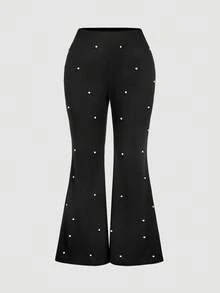 SHEIN MOD 大码珍珠装饰长袖上衣和喇叭裤两件套西装 - 黑色 - 查看 7