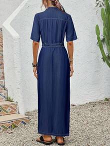 EMERY ROSE 女式短袖单排扣蓝色牛仔衬衫裙 - 中等水洗藍 - 查看 2