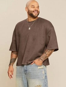 EASEVO Plus Size Men's Loose Fit Embroidered Round Neck Short Sleeve T-Shirt, Suitable For Summer - Coffee Brown - View 5