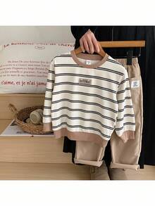 2pcs/Set Young Boy Knit Striped Crew Neck Casual Sweatshirt And Woven Long Pants Outfit Fall Winter - Multicolor - View 1