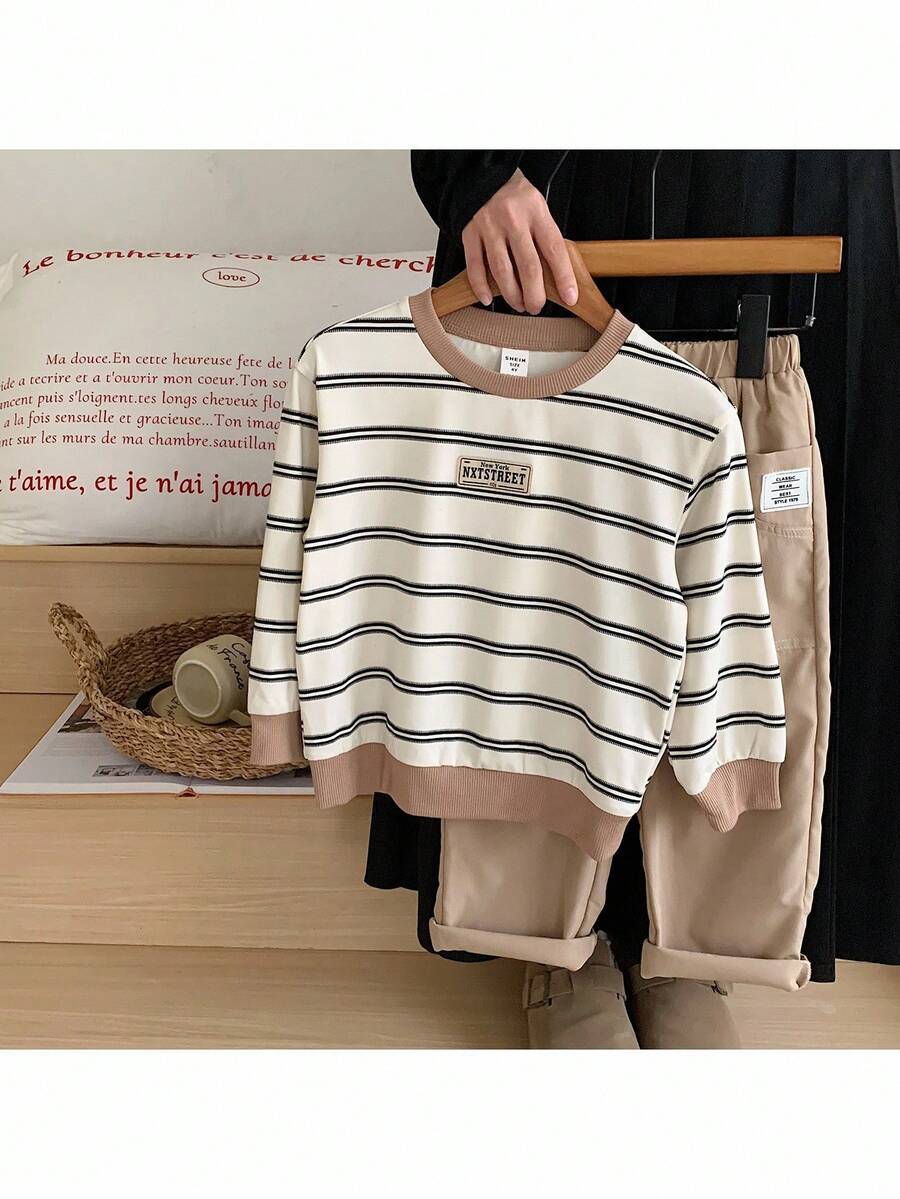 2pcs/Set Young Boy Knit Striped Crew Neck Casual Sweatshirt And Woven Long Pants Outfit Fall Winter - Multicolor - View 1