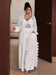 Maweii Plus Size Women Lantern Sleeve Open Front Lace Elegant Long Cardigan - White - View 8