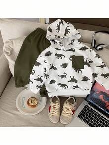 2pcs Baby Boy Knitted Dinosaur Pattern Hooded Sweatshirt And Pants Set - Multicolor - View 6