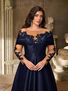 Aureia Đầm maxi dáng chữ A dài tay, trễ vai, chất liệu satin co giãn, sang trọng, thêu ren tinh tế, cỡ lớn, thích hợp cho đám cưới, tiệc tùng, kỳ nghỉ, dạ hội, ngày Valentine. - Màu xanh hải quân - Xem 3