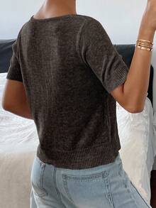 Livesso 女式V领短袖纯色开衫，夏季 - 咖啡棕 - 查看 2