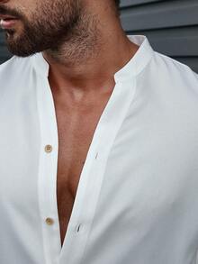 Manfinity Homme Camisa casual de manga larga con botones de corte slim, de color liso, para hombre, para otoño - Blanco - Ver 7